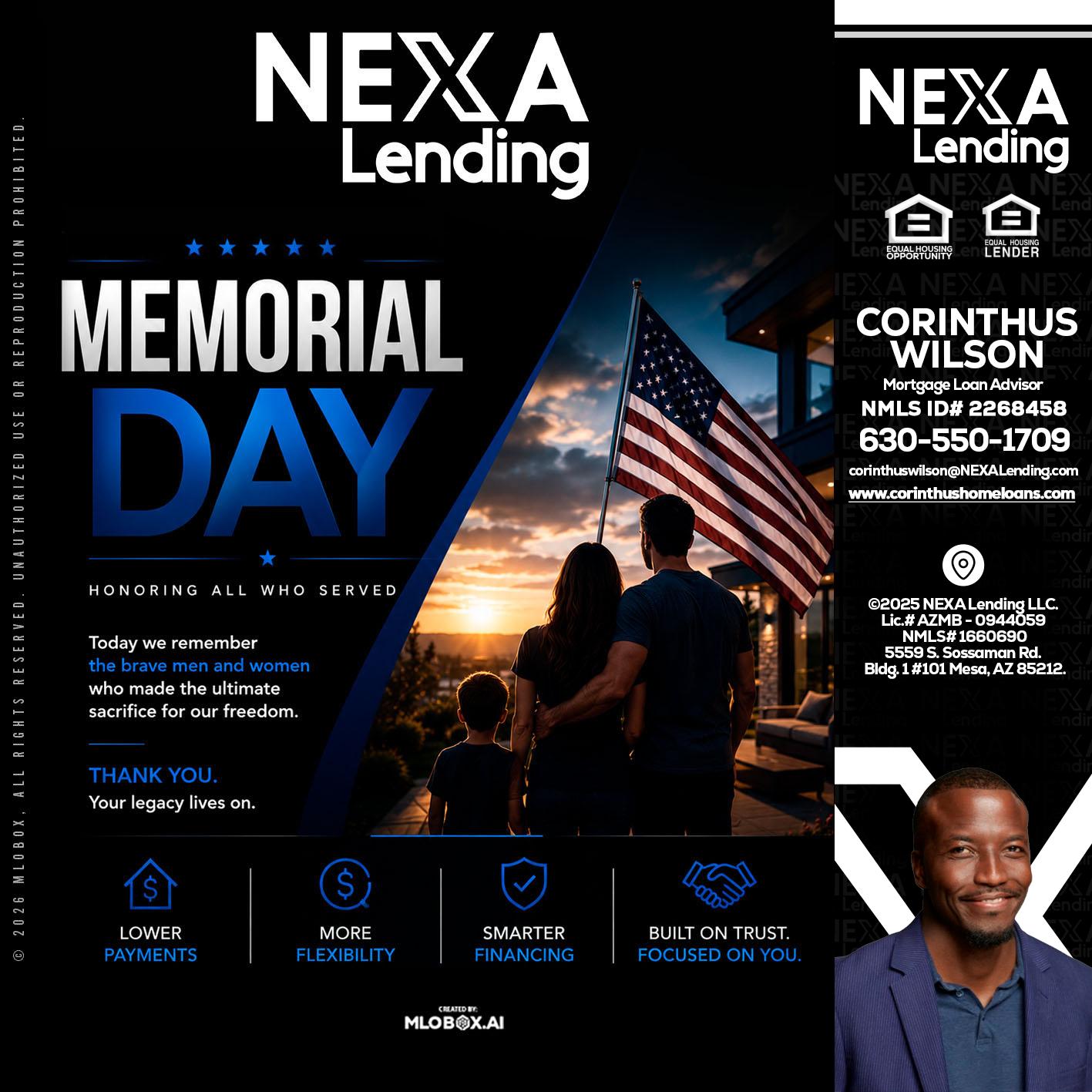 MEMORIAL DAY - Corinthus Wilson -Loan Advisor/Investor/Commercial/International