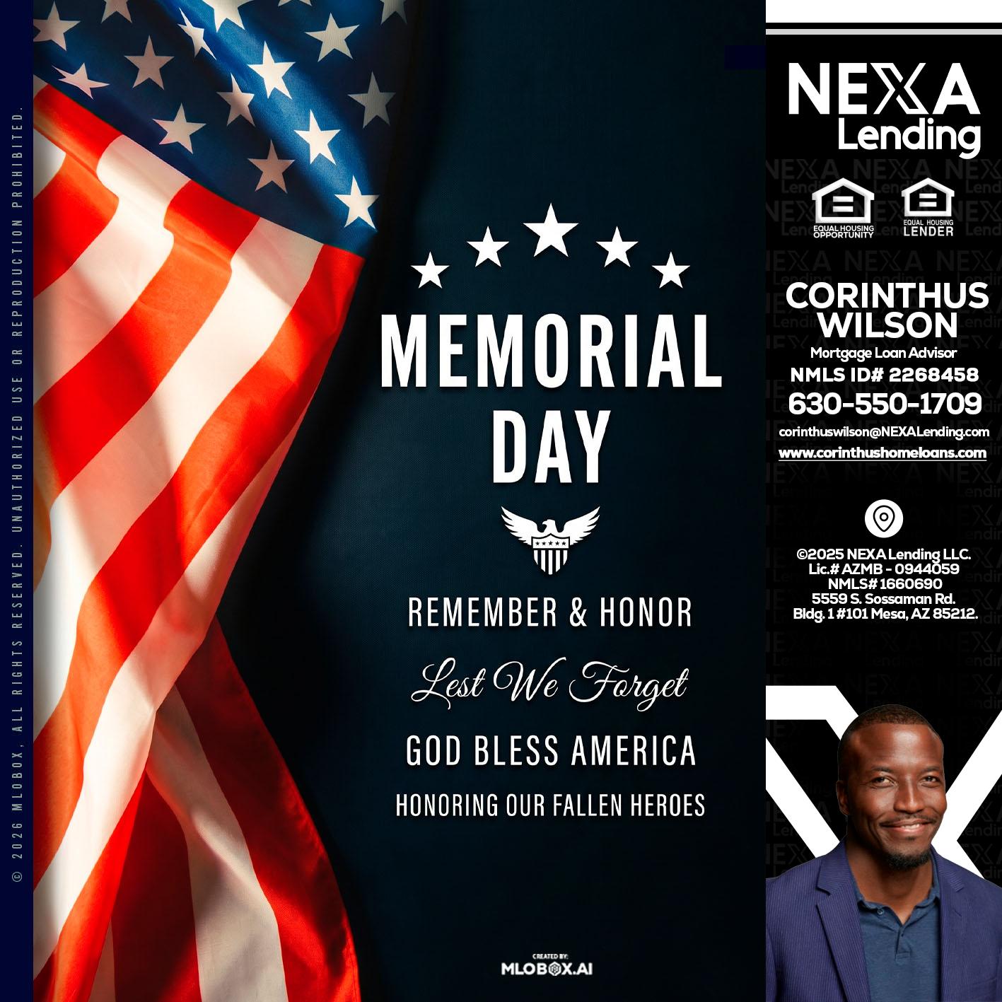MEMORIAL DAY - Corinthus Wilson -Loan Advisor/Investor/Commercial/International